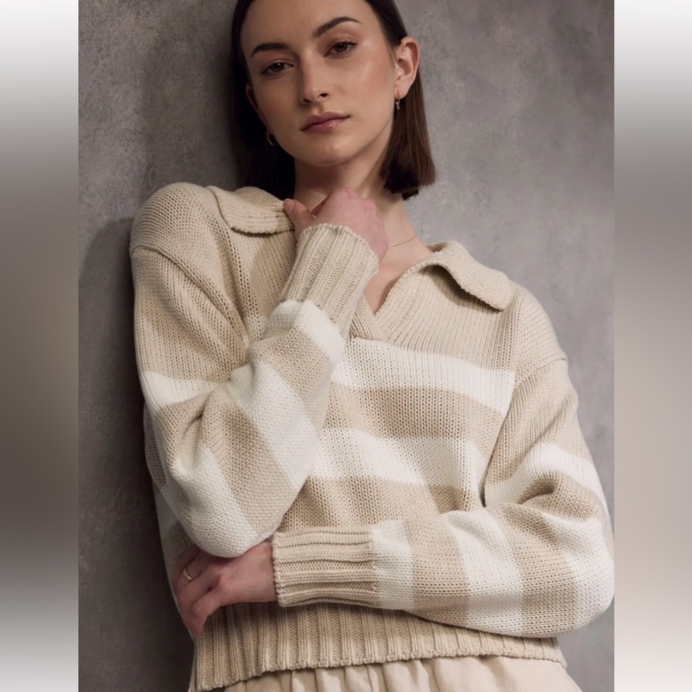 Quince 100%organic cotton polo sweater, beige & ivory, medium